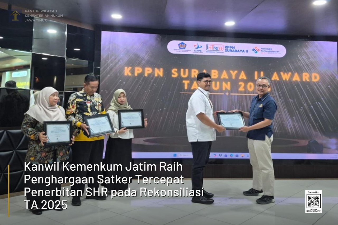 Kanwil Kemenkum Jatim Raih Penghargaan Satker Tercepat Penerbitan SHR pada Rekonsiliasi TA 2025