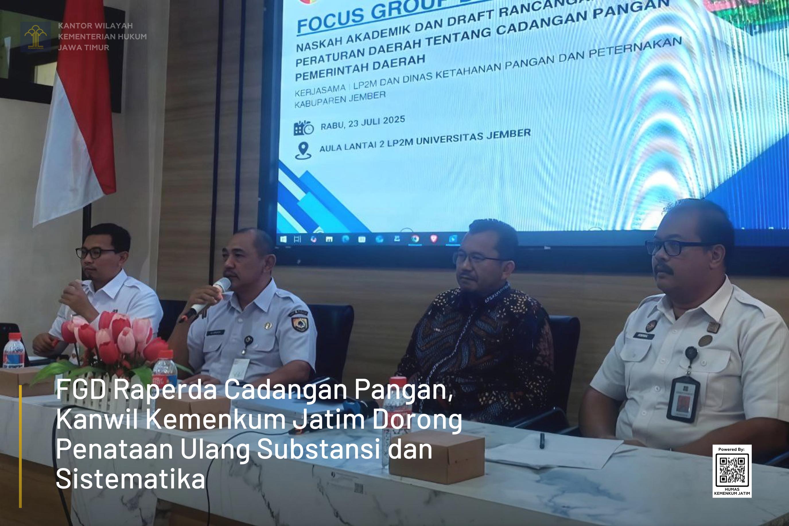 FGD Raperda Cadangan Pangan, Kanwil Kemenkum Jatim Dorong Penataan Ulang Substansi dan Sistematika
