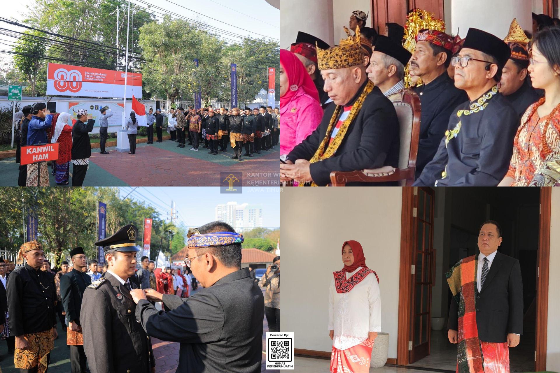 Kolase Kemenkum Jatim Ikuti Upacara HUT ke-80 Kemerdekaan RI di Grahadi dan Internal Kantor