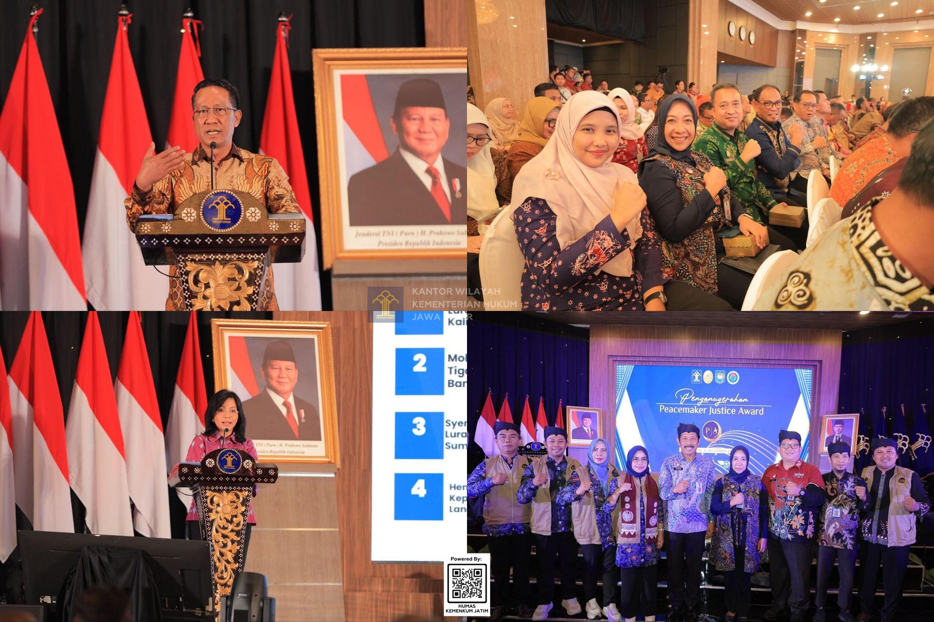 Kolase Menteri Hukum Beri Penghargaan Peacemaker Justice Award 2025, Kementerian Hukum Jawa Timur Dorong Penguatan Peran Peacemaker di Wilayah